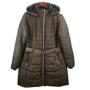 Karl Lagerfeld Olive Green Insulated Coat Women’s XL Belted Hood Faux Fur EUC
